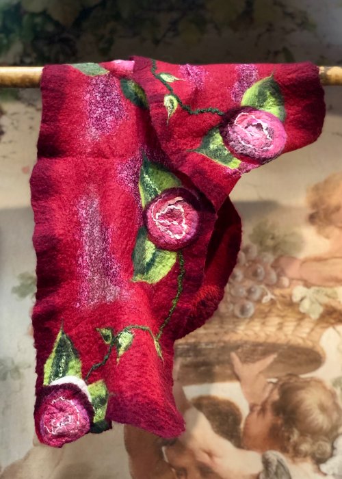 Agnes Foss - Felted Merino Scarf / Wrap - Crimson Roses on Crimson Background 
